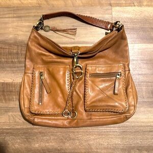 Crown Vintage Cognac Tan Brown Leather Boho Shoulder Bag Handbag Gold Hardware